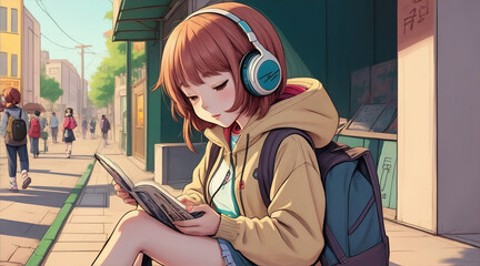 Cartoon lofi young manga style girl studying while listening to music in the street. Generative AI. - obrazy, fototapety, plakaty