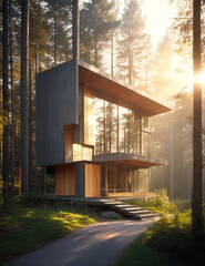 A modern home nestled in a lush forest, constructed of concrete and wood, with warm, inviting light spilling out from the windows. Generative AI