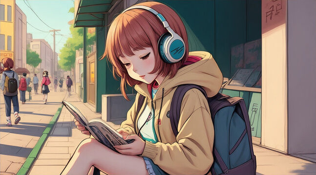 Cartoon lofi young manga style girl studying while listening to music in the street. Generative AI.