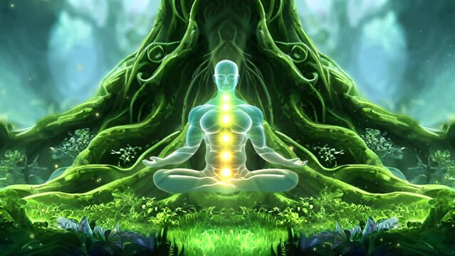 Meditate under the lush green trees.chakras, prana, the mind of God and spirituality. Generative AI