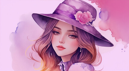 Illustration of a beautiful girl wearing a hat watercolor art. G