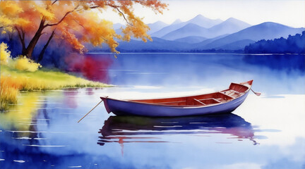 Boat on the lake watercolor oil painting. Generative AI.