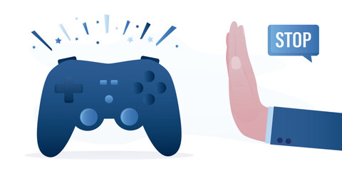 Social network fatigue, overcoming addiction. Big user hand in stop gesture. Stop sharing and using media content. Various apps and notifications on phone screen. Dependence on gadgets.