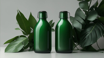 Bottle laying on eucalyptus leaves for industrial and product de