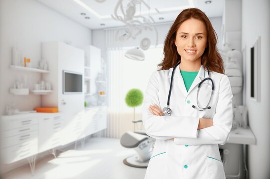 Happy doctor work in modern clinic, AI generated image
