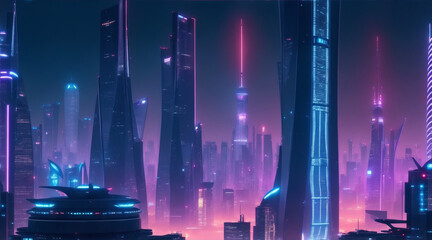 Glowing skyscrapers illuminate the futuristic cityscape at night. Generative AI.