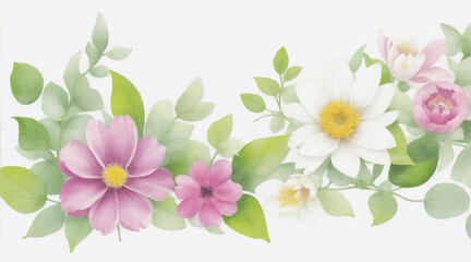 Lovely spring flowers and leaves on white background with negative space. Generative AI.