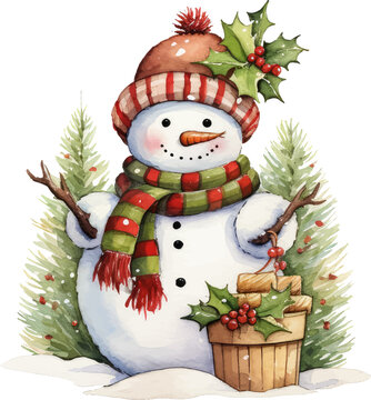 snowman with christmas tree ornament watercolor vector illustration