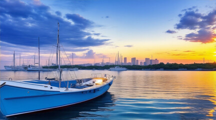 Boat on the harbor wallpaper background landscape. Generative AI. - obrazy, fototapety, plakaty