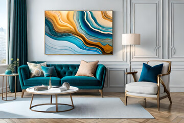 Marble abstract acrylic painting in the interior of the room. Marbling artwork texture.