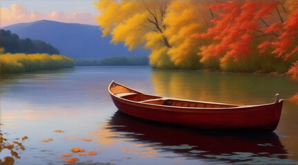 Boat on the river oil painting wallpaper background landscape. Generative AI.