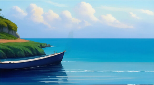 Boat on the ocean painting wallpaper background landscape. Generative AI.