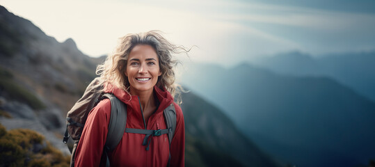 AI generated image of mature senior woman hiking on mountains