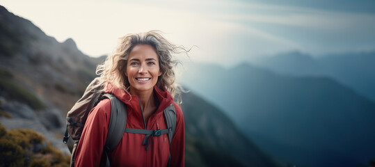 AI generated image of mature senior woman hiking on mountains - Powered by Adobe