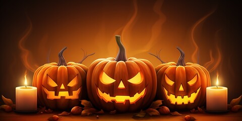 Halloween party background with three jack o lanterns, pumpkins and candles With Generative AI