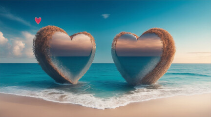 Two hearts sitting on the ocean. Generative AI.