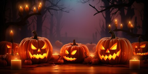 Halloween party background with three jack o lanterns, pumpkins and candles With Generative AI
