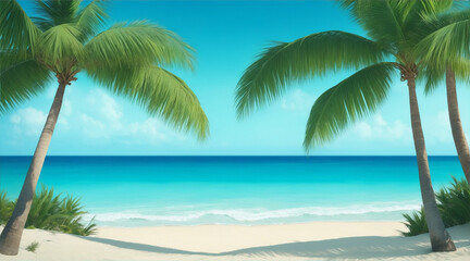 Two palms are on a beach the ocean. Generative AI.