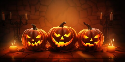 Halloween party background with three jack o lanterns, pumpkins and candles With Generative AI
