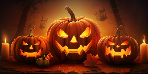 Halloween party background with three jack o lanterns, pumpkins and candles With Generative AI