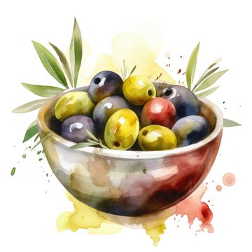 Olives in a bowl with olive oil clipart watercolor generative AI