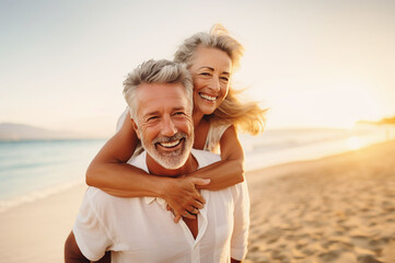 AI generated image of happy mature senior couple on the beach piggyback - 628402894
