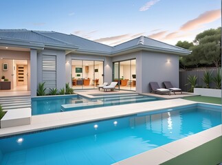 Fototapeta premium Contemporary Home with Tiled Swimming Pool in Rear Garden. 