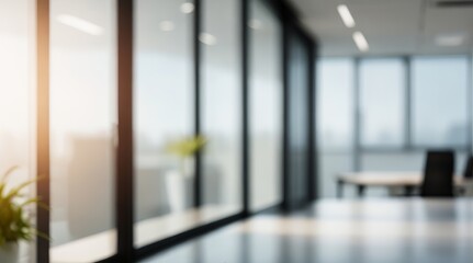 Stunningly blurred background of an airy, contemporary office space with large windows and lovely sunlight. Generative AI.