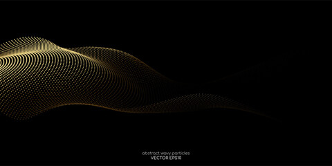 Flowing dot particles wave pattern gold gradient light isolated on black background. Vector in concept of luxury, technology, science, music.