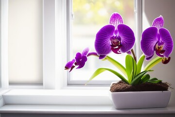 Beautiful Purple Orchid on Windowsill. Generative AI.