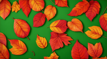 Fall leaves are laying down on a green background. Generative AI.