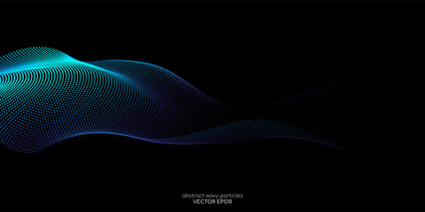 Flowing dot particles wave pattern blue and green gradient light isolated on black background. Vector in concept of AI technology, science, music. - 628403220