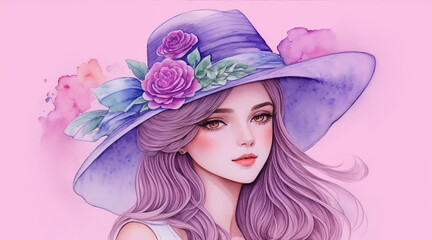 A illustration of a beautiful girl wearing a hat watercolor art. Generative AI.