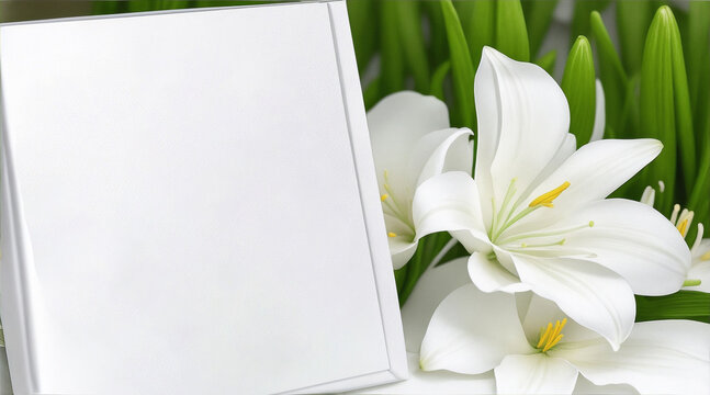 Reflective wedding album photograph with lily flower and spring background. Generative AI.