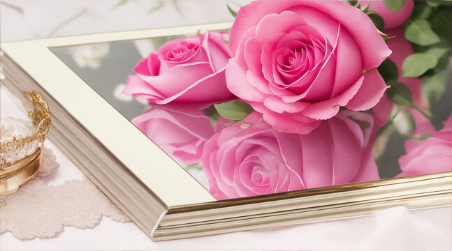 Reflective wedding album photograph with rose flower and spring background. Generative AI.