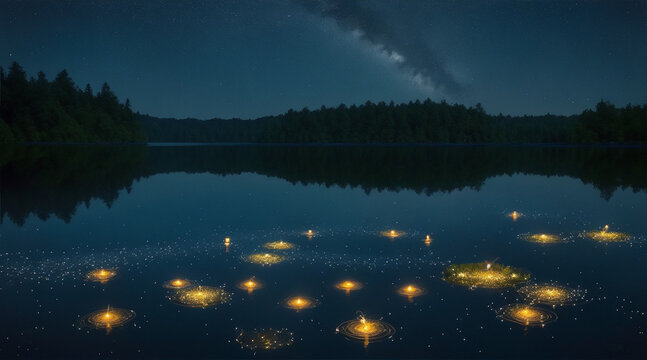 Serene water rings in night lake with fireflies photograph. Generative AI.