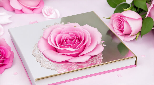 Reflective wedding album photograph with pink rose flower and spring background. Generative AI.
