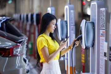 EV charging an electric car.Power supply for electric car charging. Socket for electric car battery...