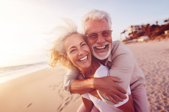 AI Generated Image Of Happy Mature Senior Couple On The Beach Piggyback