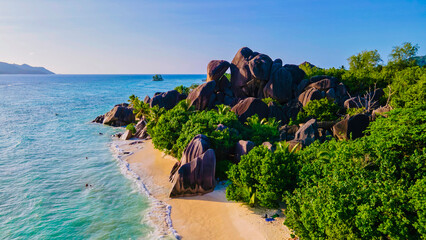 Anse Source d'Argent beach, La Digue Island, Seyshelles, Drone aerial view of La Digue Seychelles bird eye view.of tropical Island