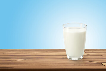 Glass of milk on wooden table with blue white background