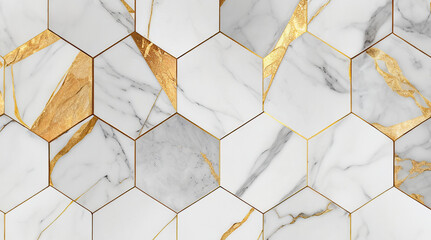 Marble white and gold hexagon seamless texture.
Abstract background. - obrazy, fototapety, plakaty