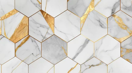 Fotobehang Marble white and gold hexagon seamless texture. Abstract background. © Eneandine