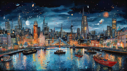 london city at night view, ar 16:9 --q 2 --v 5.2 --s 250 - obrazy, fototapety, plakaty