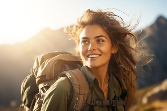 AI generated image of mature senior woman hiking on mountains