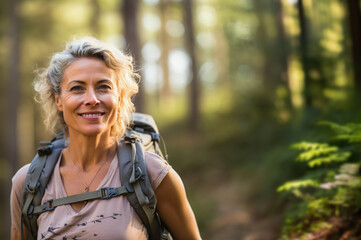 AI generated image of attractive mature senior woman on hiking