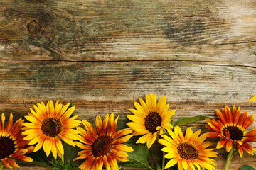 Beautiful sunflowers on a wooden surface.