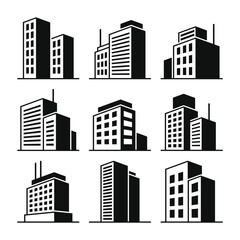 Buildings Icons Set on White Background. Vector