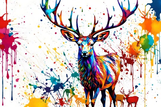 Splatter Art, A captivating splatter art composition featuring a majestic deer Splatter Art, A captivating splatter art composition featuring a majestic ant surrounded by colorful splashes of pai