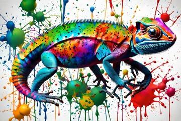 Splatter Art, A captivating splatter art composition featuring a majestic chameleon Splatter Art, A captivating splatter art composition featuring a majestic ant surrounded by colorful splashes of pai